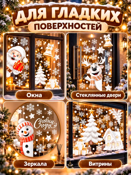 Yangi yil uchun derazaga statik ikki tomonlama nakleykalar to‘plami Ded Moroz, qor parcha