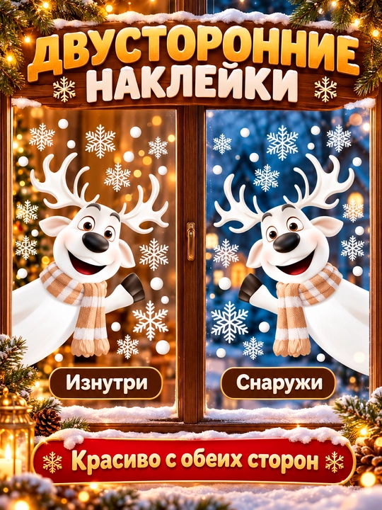 Yangi yil uchun derazaga statik ikki tomonlama nakleykalar to‘plami Ded Moroz, qor parcha
