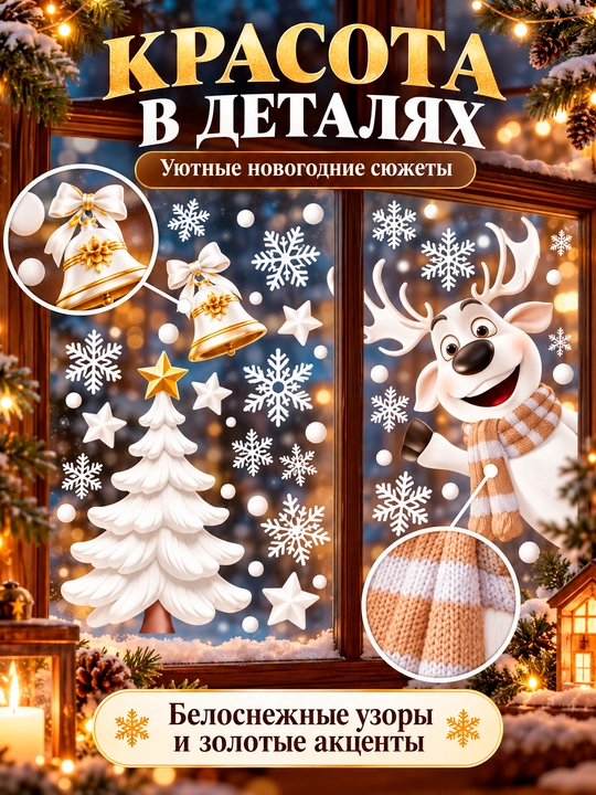 Yangi yil uchun derazaga statik ikki tomonlama nakleykalar to‘plami Ded Moroz, qor parcha