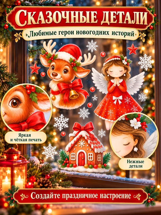 Yangi yil uchun derazaga statik ikki tomonlama nakleykalar to‘plami Ded Moroz, qor parcha