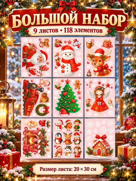 Yangi yil uchun derazaga statik ikki tomonlama nakleykalar to‘plami Ded Moroz, qor parcha