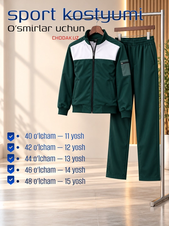 Sport kostyumi, o‘smirlar uchun, 40–48 o‘lcham, 11–15 yosh - 
