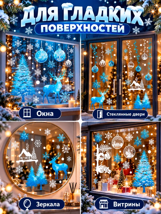 Yangi yil uchun derazaga statik ikki tomonlama nakleykalar to‘plami Ded Moroz, qor parcha