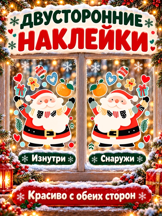 Yangi yil uchun derazaga statik ikki tomonlama nakleykalar to‘plami Ded Moroz, qor parcha