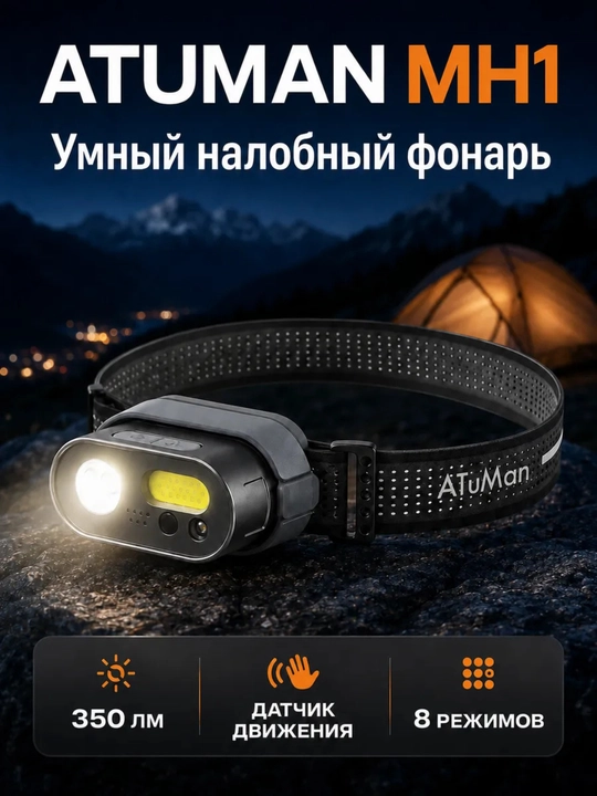 Умный налобный фонарь ATUMAN 350 лм с датчиком аккумуляторный - 
