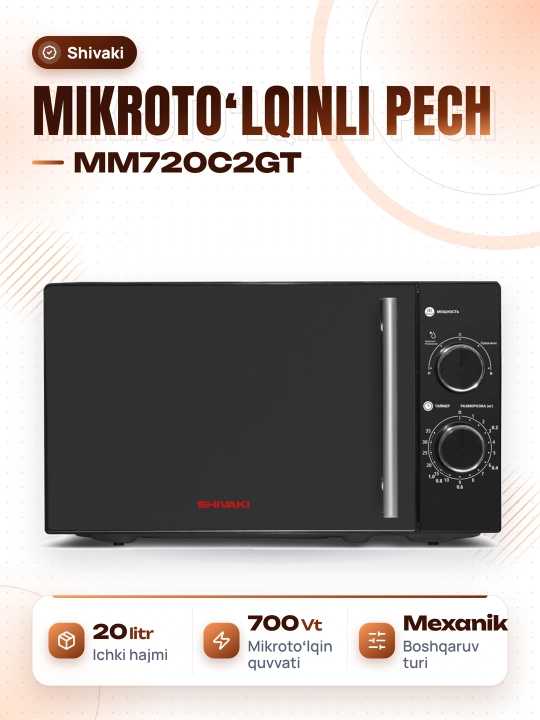 Shivaki MM720C2GT oq mikroto‘lqinli pechi, 20 l - 