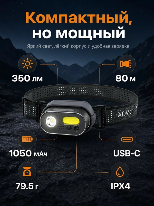 Akkumulyatorli datchikli ATUMAN 350 lm aqlli peshona chirog‘i
