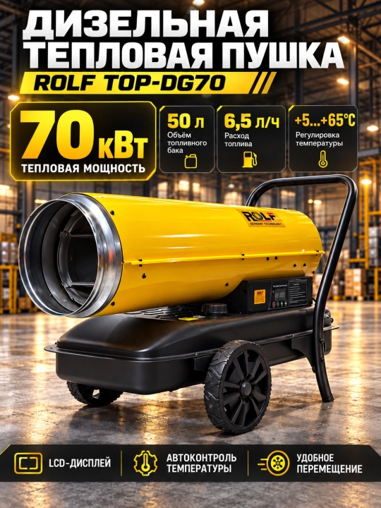 ROLF TOP-DG70 dizel issiqlik pushkasi, 70 kVt, 50 litr bak, termostatli - 