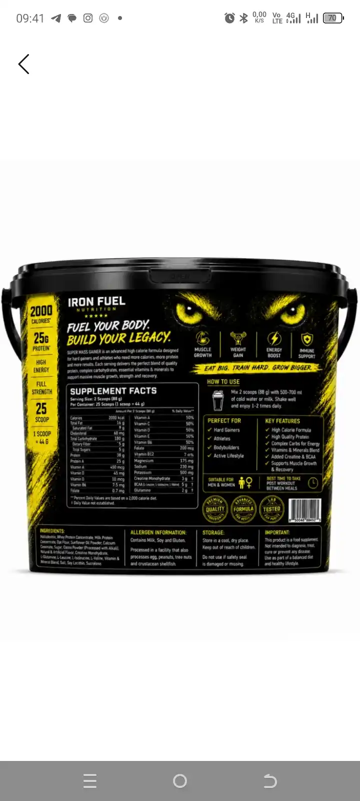 Geyner Super MASS GAINER, mushak massasini olish uchun, 1-3-7 kg