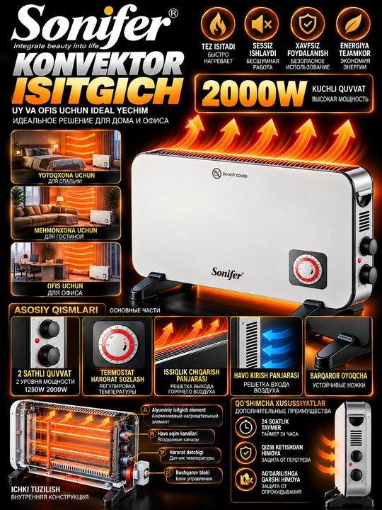 Sonifer 2000W Конвекторный Обогреватель с Термостатом и Таймером