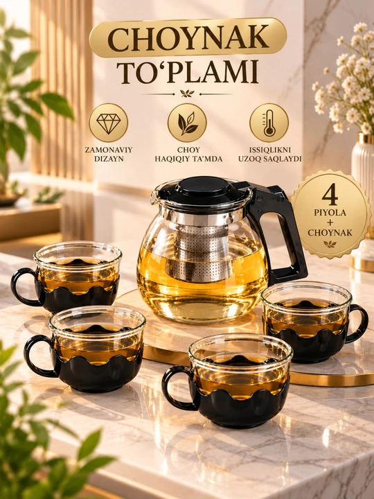Shisha choynak va piyolalar to‘plami, damlagichli choynak, 4 ta piyola - 