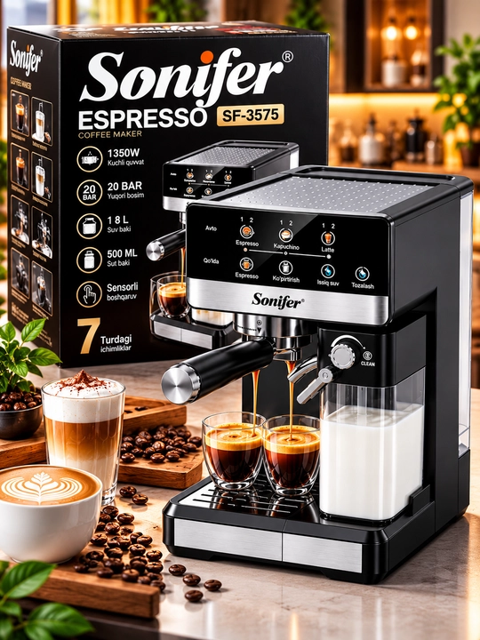 Sonifer Espresso Qahva Mashinasi 20 Bar 1 8 L Avtomatik Sut Ko‘pirtirgich