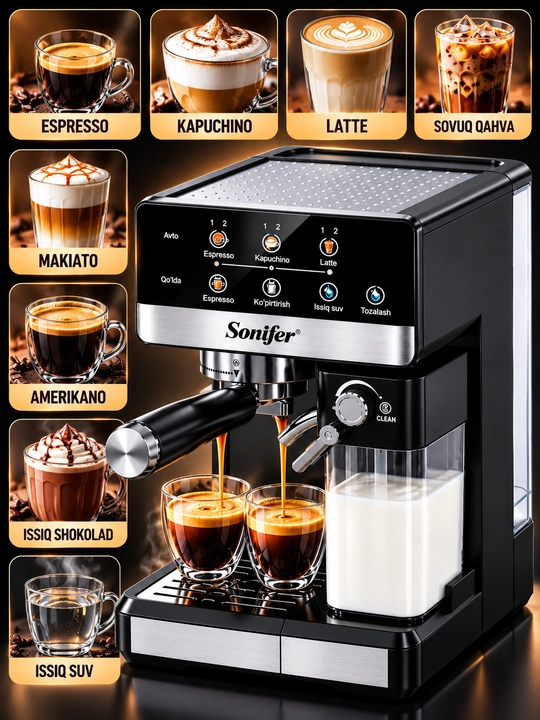 Sonifer Espresso Qahva Mashinasi 20 Bar 1 8 L Avtomatik Sut Ko‘pirtirgich - 