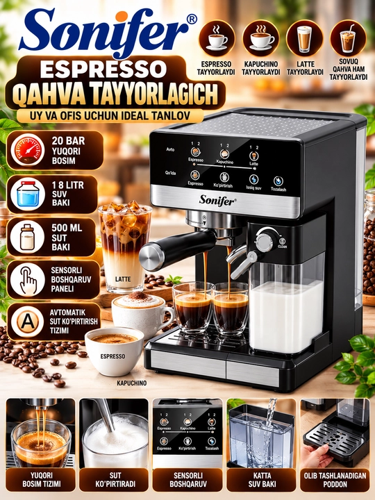 Sonifer Espresso Qahva Mashinasi 20 Bar 1 8 L Avtomatik Sut Ko‘pirtirgich