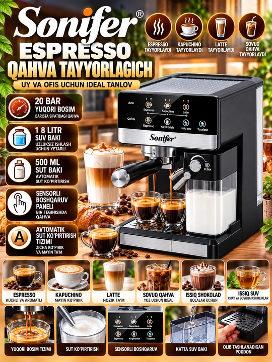 Sonifer Espresso Qahva Mashinasi 20 Bar 1 8 L Avtomatik Sut Ko‘pirtirgich