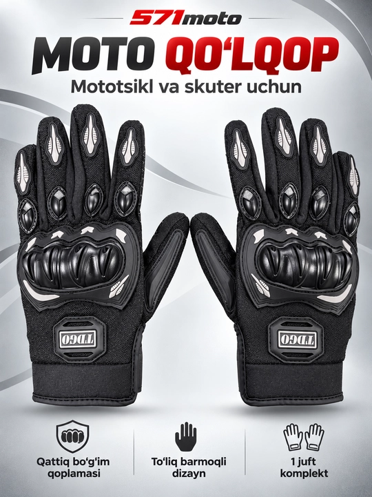 Mototsikl va skuter uchun moto qo‘lqop, qora, 1 juft - 