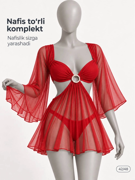Ayollar penyuar komplekti, nafis to‘rli tungi libos, 2 talik, standart 42–48 - 