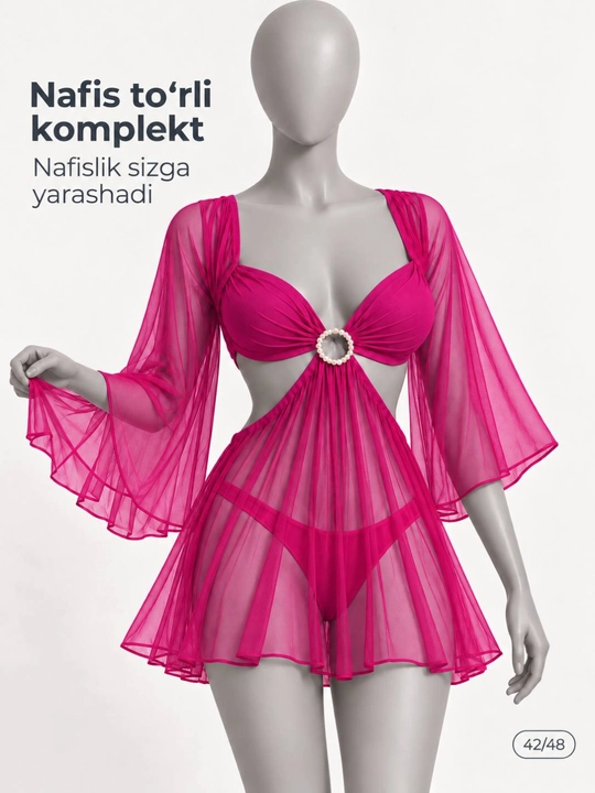 Ayollar penyuar komplekti, nafis to‘rli tungi libos, 2 talik, standart 42–48 - 