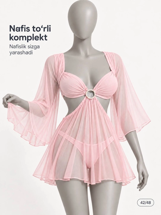 Ayollar penyuar komplekti, nafis to‘rli tungi libos, 2 talik, standart 42–48 - 
