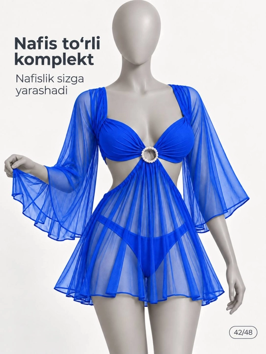Ayollar penyuar komplekti, nafis to‘rli tungi libos, 2 talik, standart 42–48 - 