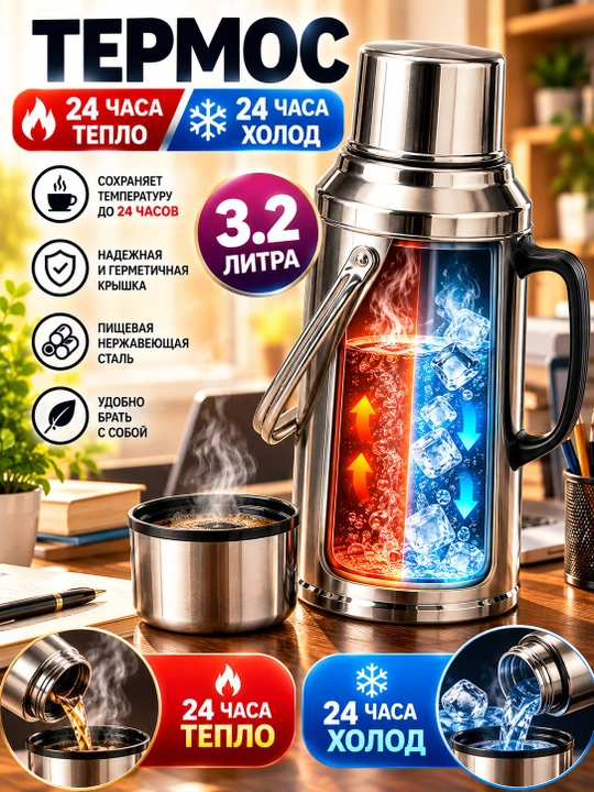 Termos 3,2 litr, issiq va sovuq ichimliklar uchun, zanglamaydigan po‘lat - 