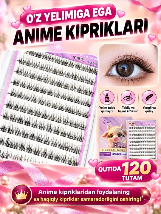 Oʻz-oʻzidan yopishuvchi anime ulama kipriklar toplami, yelim talab qilinmaydi
