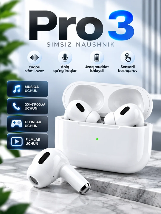 Simsiz quloqchinlar Pro 3, Bluetooth, sensorli boshqaruv, iPhone va Android uchun - 