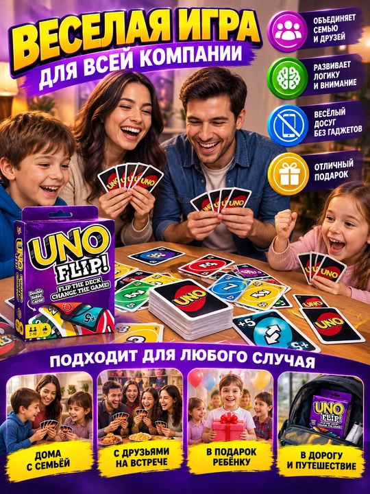 UNO - Classic, FIFA, FLIP stol usti karta o‘yini oila va do‘stlar uchun