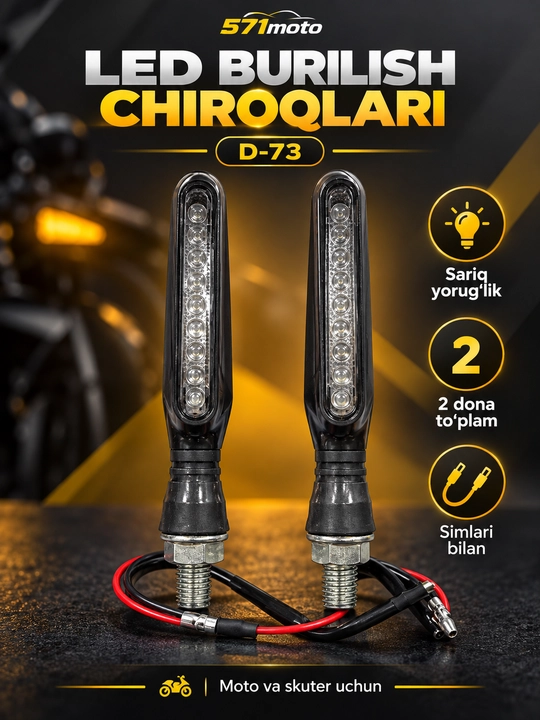 Mototsikl va skuterlar uchun D-73 LED burilish chiroqlari, sariq yorug‘lik, 2 dona - 