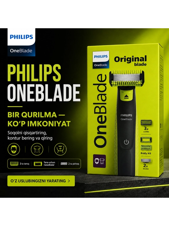 Philips OneBlade elektr trimmeri, soqol va tana tuklarini olish uchun, - 