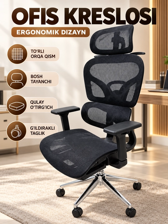 Kreslo ergonomik ofis uchun, bosh va bel tayanchli, g‘ildirakli, - 