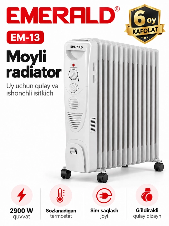 EMERALD EM-13 moyli radiator elektr isitgich termostatli g‘ildirakli uy va ofis uchun - 