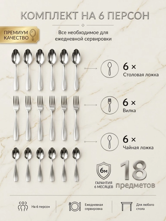 Набор столовых приборов, 18 предметов на 6 персон
