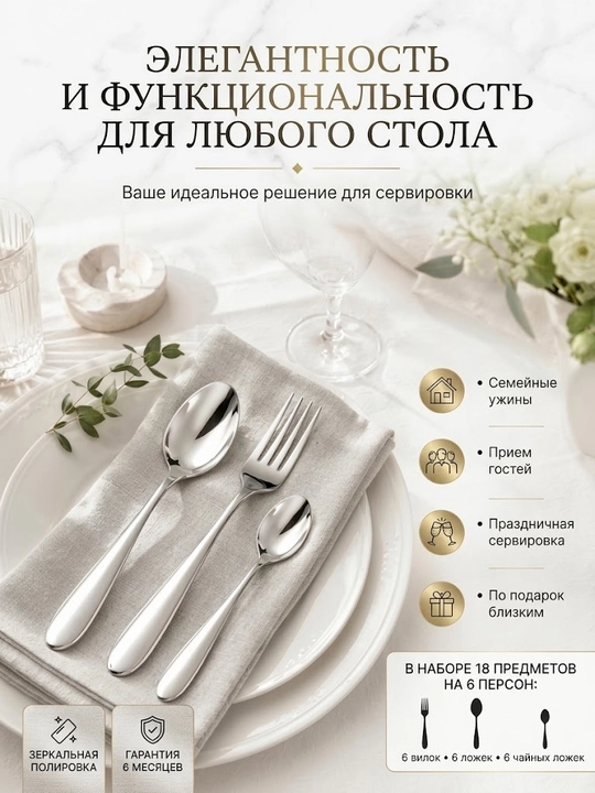 Набор столовых приборов, 18 предметов на 6 персон