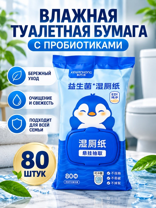 Probiotikli, unitazga tashlash mumkin bo‘lgan nam hojatxona salfetkalari — 80 dona - 