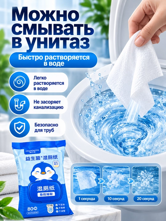 Probiotikli, unitazga tashlash mumkin bo‘lgan nam hojatxona salfetkalari — 80 dona