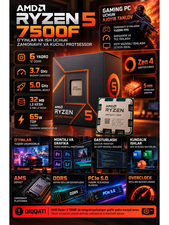 AMD Ryzen 5 7500F — мощный 6-ядер 12-поточный процессор для игрового ПК