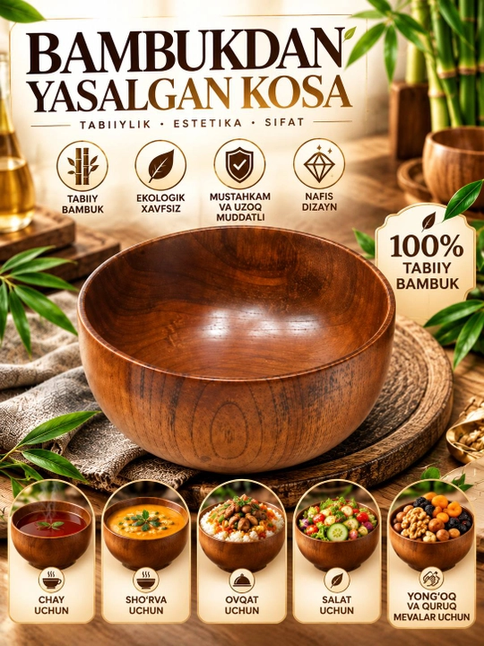 Bambukdan yasalgan kosa – choy, ovqat, sho‘rva va salat uchun - 