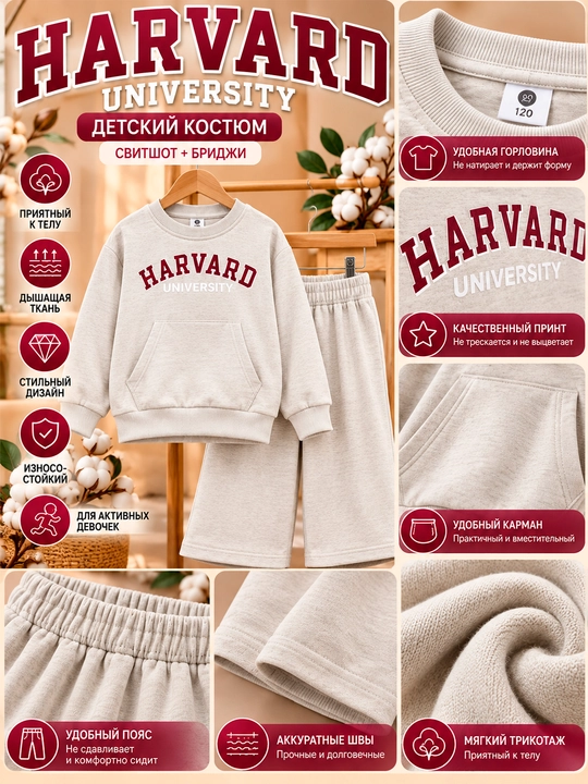 Qizlar uchun sport kostyumi, svitshot va shim, Harvard yozuvli
