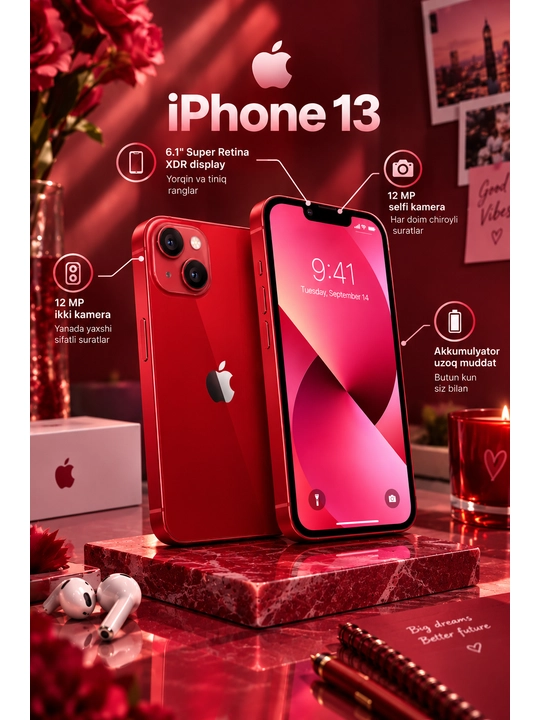 Smartfon Apple iPhone 13, ayfon 13 128/256 GB, SIM+eSIM, UZIMEI-ro'yxatdan o'tgan