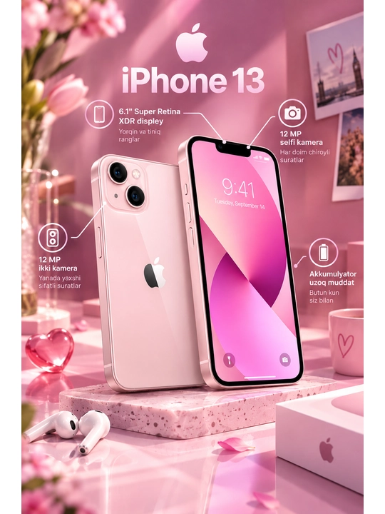 Smartfon Apple iPhone 13, ayfon 13 128/256 GB, SIM+eSIM, UZIMEI-ro'yxatdan o'tgan