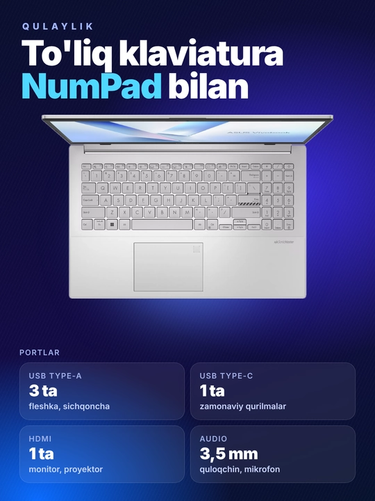 Ноутбук ASUS Vivobook X1504 Intel Core i5-120U | DDR5 8ГБ |SSD 512ГБ| 15,6 FHD |Windows 11