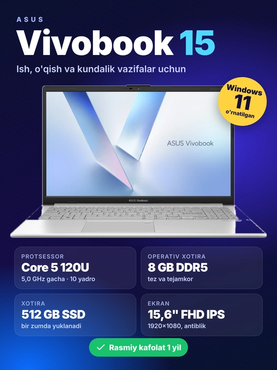 Ноутбук ASUS Vivobook X1504 Intel Core i5-120U | DDR5 8ГБ |SSD 512ГБ| 15,6 FHD |Windows 11 - 