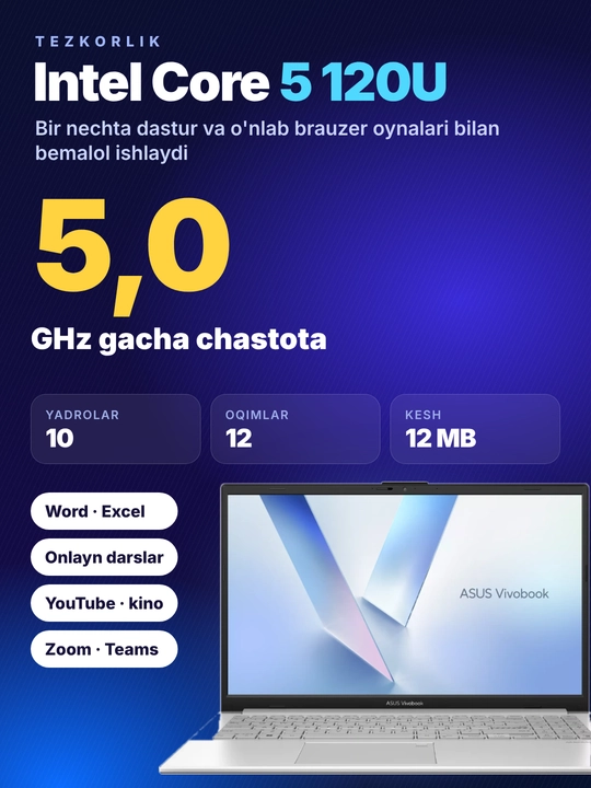Ноутбук ASUS Vivobook X1504 Intel Core i5-120U | DDR5 8ГБ |SSD 512ГБ| 15,6 FHD |Windows 11