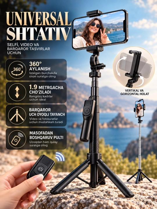 Universal telefon shtativi, video va vlog uchun Bluetooth pultli selfi tayoqchasi - 