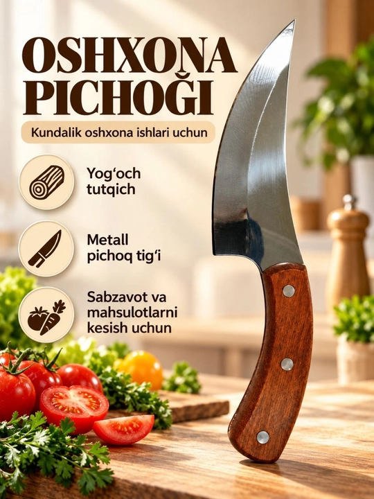 Кухонный нож с изогнутым лезвием и деревянной ручкой - 