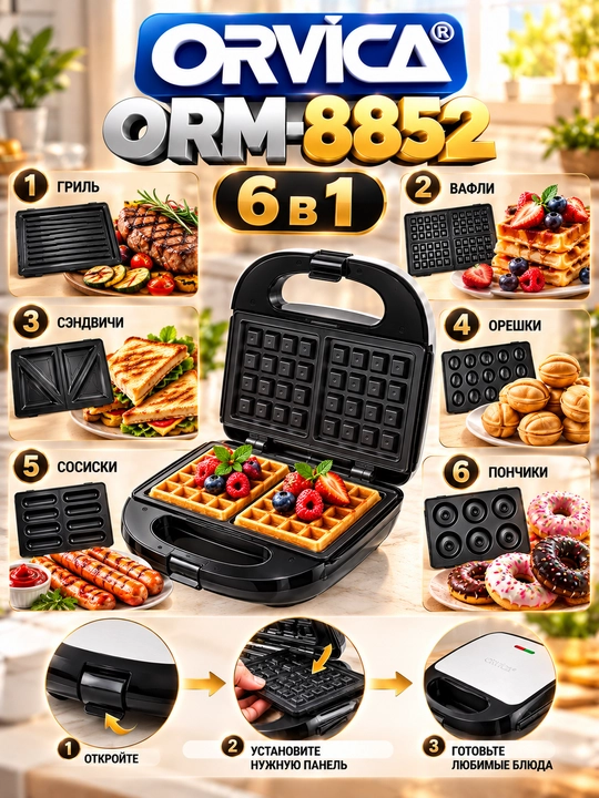 Мультипекарь ORVICA ORM-8852, 6 в 1, 2000 Вт, вафельница и сэндвичница