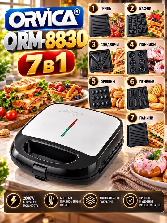 Мультипекарь ORVICA ORM-8830, 7 в 1, 2000 Вт, вафельница и сэндвичница