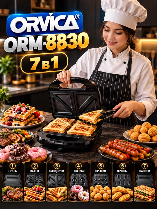 Мультипекарь ORVICA ORM-8830, 7 в 1, 2000 Вт, вафельница и сэндвичница