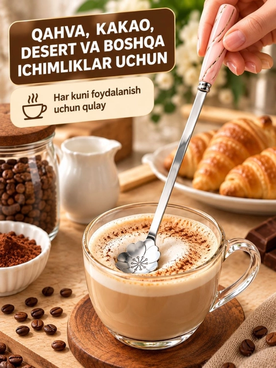 Ложка в форме цветка, розовая ручка, изящный дизайн, набор 4 шт, длина 18 см